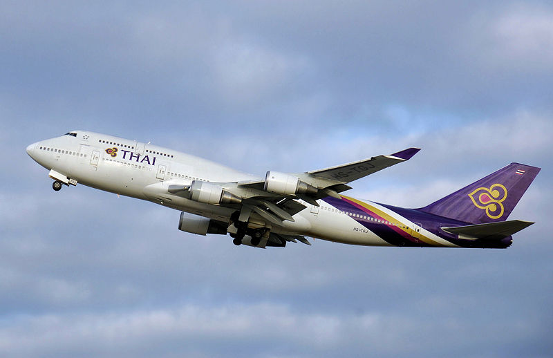 Thai Airways Boeing 747-400 (HS-TGJ) taking off from London Heathrow Airport, England.